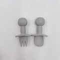 Grey silicone baby training fork and spoon set with cute panda and safety guard - Light Gray