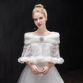 Elegant white bridal faux fur shawl with delicate lace details and brooch pin - Lace Fur Trim Cloak