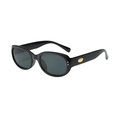 Ovale schwarze Sonnenbrille mit dunkelgrauen Gläsern und goldenen Metalldetails am Bügel - Schwarzer Rahmen Graue Gläser