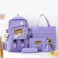 Five-piece purple nylon school backpack set for students featuring plush bear charm - Purple