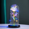 Golden foil rose with colorful LED lights in glass dome on a black circular base - Holographic Gold Rose (Colorful Light) + Pink Gift Box
