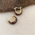 Detailed close-up of brown enamel gold-tone C-shaped earrings with metallic clasp - Vintage Hoop Earrings - Gold - Coffee - Moon