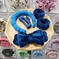 5-piece blue sponge headband and wristband set for face washing and spa skin care - Dark Blue 5pcs Set (Headband, Hair Clip, Scrunchies, Wristbands)
