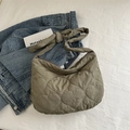Olive green heart-quilted fabric shoulder bag with stylish knotted strap detail - Green