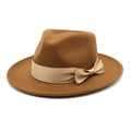 Caramel wool fedora hat with champagne satin ribbon bow and wide flat brim on white background - M (56-58cm) / Caramel