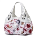 Detailed view of floral tote bag with large rose prints and metallic logo plate decoration - Multicolor Rose (Style 8)