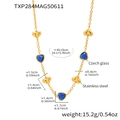 Collar de acero chapado en oro con colgante de corazón de cristal checo azul y datos - Collar de Piedra de Vidrio Azul Dorado