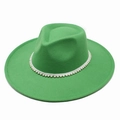 Detail view of emerald green wool fedora hat featuring white pearl decorative band - M(56-58cm) / Grass Green