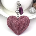 Llavero de corazón en cuero violeta con pedrería, cadena plateada y borla de seda lila - Plata + Púrpura