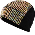 Bonnet en maille noir pour l'hiver avec strass colorés, vue élégante sous un angle de 45° - Noir / Strass Dégradé Coloré