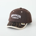 Detail of Brooklyn embroidery on brown knit baseball cap with leopard print brim - Brooklyn / Coffee