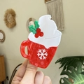 Pince à cheveux tasse de Noël rouge avec motif flocons et crème blanche dessus - Tasse de Flocon de Neige de Noël
