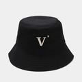 Close-up of premium black cotton bucket hat featuring white V letter embroidery texture - M (56-58cm) / Black