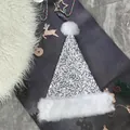 Sparkly silver sequin Christmas hat with soft white faux fur trim for holiday decor - 31*47cm / Silver