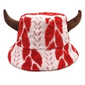 Funny Christmas plush bucket hat with ox horns in red and white fluffy texture - Red and White Flame Texture (1#)