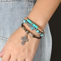 Detail of multi-layer leather bracelet with turquoise beads and silver feather charm - Cross Feather Pendant Style (手链：款式八)