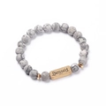 Beaded bracelet with white marble stones and golden 'Blessed' engraved charm - Grey White Marble Texture Stone-Blessed