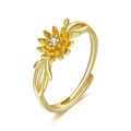 Minimalist gold sunflower open ring with central zircon stone and leaf side details - August