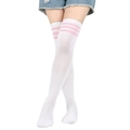 White over-knee socks with pink stripes in high-elastic knit cotton for women - One Size / White/Pink Stripes