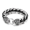 Men's braided leather bracelet featuring dual silver tiger heads and stainless steel links - Silver Tiger Head Style (KB43899-D)