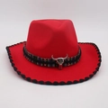 Red wide brim fedora with ethnic woven band and silver bull skull accent for travel - One Size / Red With Black Edge