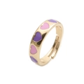 Fashionable adjustable gold ring featuring purple and pink enamel heart patterns on white base - Adjustable Open / Purple & Pink Heart / Gold Ring (CR0303DX)