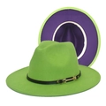 Detail of neon green fedora hat showing deep purple lining and black leather band buckle - Fruit Green + Purple