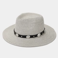 Straw fedora hat in light grey with black leather band and ethnic silver metal studs - Light Gray