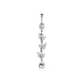 Silver stainless steel belly ring with sparkling zircon butterfly and teardrop pendant - XY-3 Teardrop Leaf