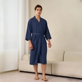 Men's navy blue waffle weave bathrobe with long sleeves and belted waist design - Navy Blue (Men's)