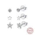 Set of 3 S925 sterling silver stud earrings featuring star, flower, and zircon designs - Flower/Star/CZ / 3Pcs Per Set / White Gold
