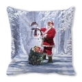 Merry Christmas square throw pillow featuring Santa Claus and snowman in a snow forest - Santa in Red on Snow