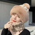 Winter plush hood and neck warmer set in camel and beige color with fluffy pom-poms - Upgraded Korean Integrated-Khaki