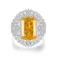 Luxurious S925 silver ring with radiant emerald-cut yellow diamond and halo diamonds - Rectangular Double Halo Goose Yellow Style (FDJZ-058)