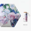 Paraguas plegable con estampado de rosas blancas al óleo y estuche de cápsula a juego - 19 Pulgadas 6 Varillas / Rosa Blanca