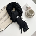 Solid black soft cashmere-feel scarf with long tassels and branding tags - Phantom Black