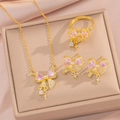 Sparkling pink heart zircon bow jewelry set with gold necklace earrings and ring - Gold Pink Bowknot 3-Piece Set (8844)