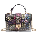 Transparent jelly graffiti crossbody bag with black trim and gold pyramid studs - Black With Handle