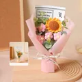 Handgefertigter gestrickter Sonnenblumenstrauß mit rosa Rosen und Geschenktasche - Ohne Licht / Rosa