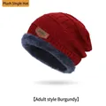 Adult winter knit beanie in burgundy with warm gray fleece lining and leather patch - Hat Only / Burgundy