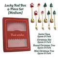 Golden stainless steel Christmas cutlery set with festive motifs in red gift box - Lucky Red Box 4-Piece Set / Original Silver Spoon & Fork