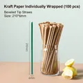 Green single-wrapped 210x6mm straws in brown paper packaging for juice and tea - 6*210mm Pointed Thin Green Straws-100pcs Kraft Paper Wrap