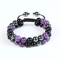 Detail of double-layer woven stone bracelet with obsidian, amethyst, and hematite beads - 3A Amethyst + Black Glass Beads + Hematite
