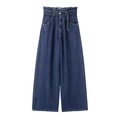 Jeans blu scuro a vita alta con gamba larga, vita paperbag e cintura in tessuto abbinata - XS / Pants