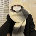 Thick grey and white gradient scarf with off-white faux cashmere bucket hat set - Handmade Fringe