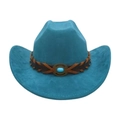 Chapeau de cowboy western bleu turquoise avec bande en cuir tressé et pierre décorative - Taille unique / Vert Paon (Corde Croisée)