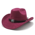 Detail of burgundy suede cowboy hat with turquoise western buckle and braided band - M (56-58cm) / Burgundy