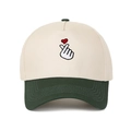 Close-up of heart finger gesture embroidery on a cream and forest green contrast baseball cap - Cream and Army Green