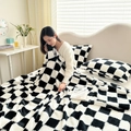 Plush black and white checkered sherpa blanket and pillowcase set for bedroom - Black and White Plaid