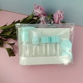 Travel toiletry bottle set with light blue caps in a clear pouch on a pastel background - No-Logo 9-Piece Set / Mint Green